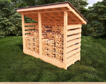 Könnte beinhalten: Ein Holzscheiter-Schuppen aus Holz mit einem schrägen Dach, der Schutz für gestapeltes Brennholz bietet. Der Schuppen ist 4 Fuß breit und 10 Fuß lang, wie der Text "FIREWOOD SHED 4X10 PLANS" angibt.