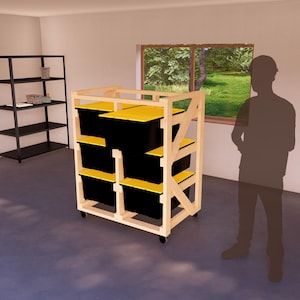 DIY Compact Tote Rack Plans, Sturdy Wooden Design for 6 27-Gallon Bins, Mobile Solution for Garage Organization, Modular Wooden Shelves