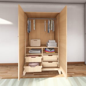 May include: A wooden wardrobe with two doors open, revealing a white metal hanging rod with clothes on hangers, a wicker basket, and four drawers. The wardrobe has a light wood finish.