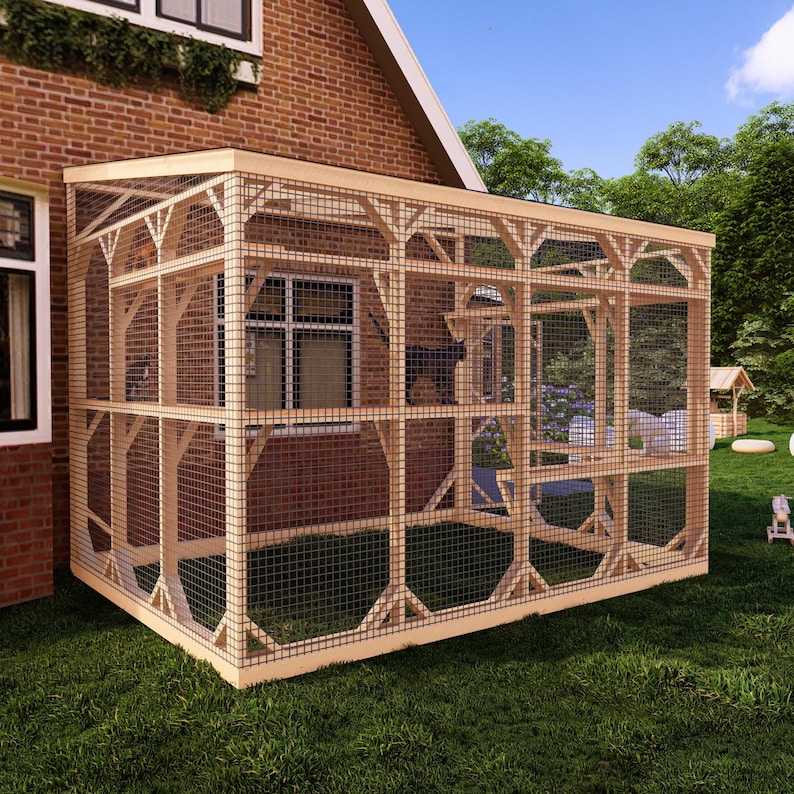 DIY Large Cat Patio Plans, Spacious Outdoor Catio Attached to House, Multi-Level Climbing Shelves Secure & Play Fresh Air Enclosure for Cats image 3