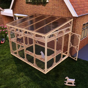 DIY Large Cat Patio Plans, Spacious Outdoor Catio Attached to House, Multi-Level Climbing Shelves Secure & Play Fresh Air Enclosure for Cats image 2