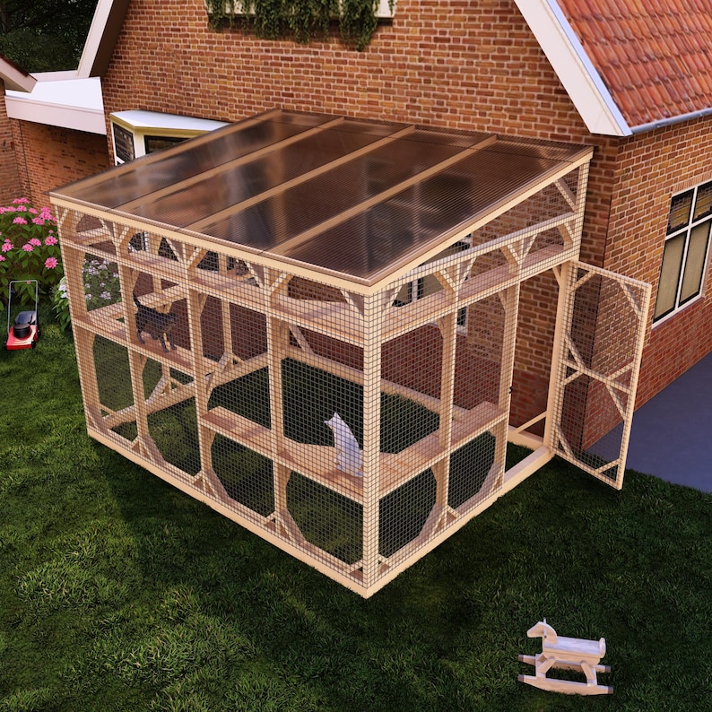 DIY Large Cat Patio Plans, Spacious Outdoor Catio Attached to House, Multi-Level Climbing Shelves Secure & Play Fresh Air Enclosure for Cats image 2