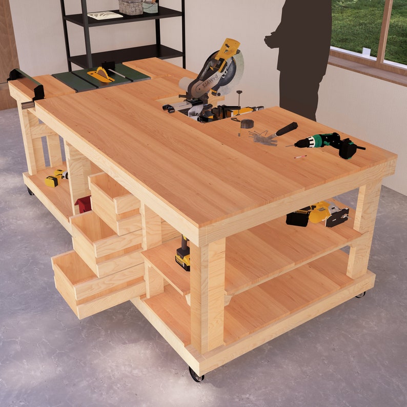 May include: A wooden workbench with a miter saw, drawers, and shelves. The workbench is on wheels and has a variety of tools on it, including a drill, a saw, and a measuring tape.