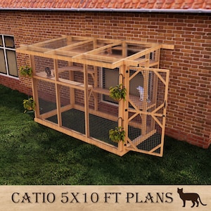 Planos de recinto para gatos de exterior (hazlo tú mismo), pérgola de 5 x 10 con techo de policarbonato, archivos PDF de dos unidades (hazlo tú mismo), diseño de patio imprimible para gatos