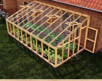 May include: A wooden greenhouse with a clear polycarbonate roof and side panels. The greenhouse is 10 feet wide by 20 feet long and is attached to a brick building. The greenhouse is filled with plants.