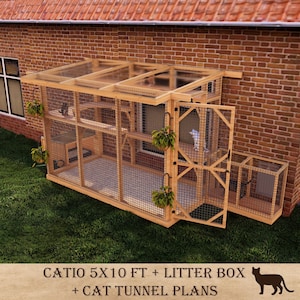 Planos de recinto para gatos para exteriores (hazlo tú mismo), catio modular de 5x10 con túnel y acceso a caja de arena, ideal para jardines y patios, aire fresco.