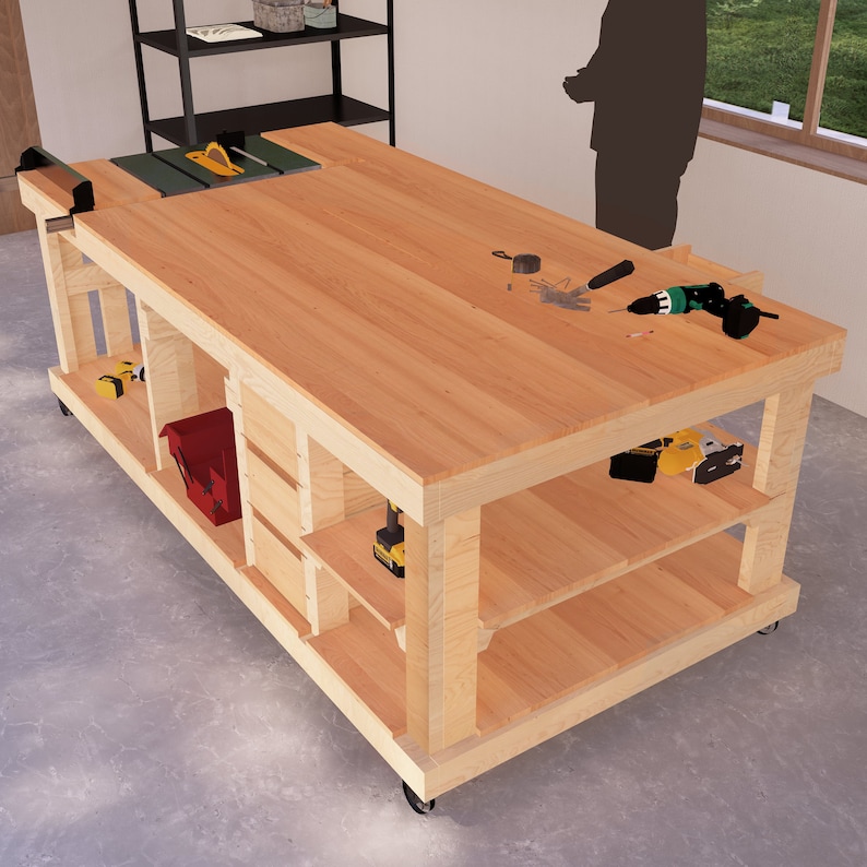 May include: A wooden workbench with a table saw mounted on top. The workbench has three shelves and is on wheels. There are various tools on the workbench, including a drill, a sander, and a toolbox.