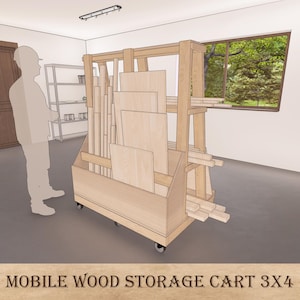 Planos de carpintería para un carrito de almacenamiento de madera de 3×4: carrito de garaje móvil para restos de madera y herramientas, solución de almacenamiento con ruedas, PDF imprimible de dos unidades