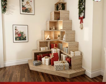 DIY Christmas Tree Shelf Plans, 4x4 Corner Cubby Display For Gifts Decor Storage Digital PDF