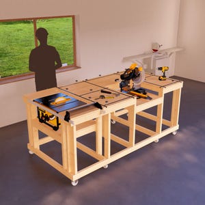 DIY 4x8 ft Mobile Garage Workbench Plans, Miter Saw Stand Plans, Workbench with 2D & 3D Designs, Detailed Instructions, Bonus 3D Video
