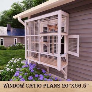 DIY Window Catio Plans, Outdoor Cat Enclosure with Scratching Post & Entry Door, Dual Functional and Ventilated Design for Happy Indoor Cats