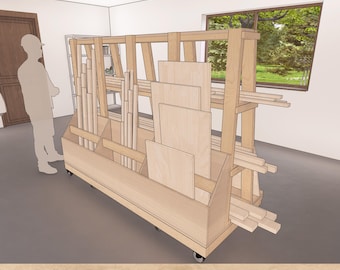 DIY Rollwagen Holzbearbeitungspläne - 3x7 Mobile Sperrholzlager & Plattenaufbewahrung, Ladenorganisation, Hochleistungs-2x4-Rahmen, PDF