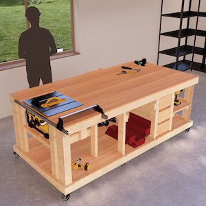 May include: A wooden workbench with a table saw, drawers, and shelves. The workbench is on wheels and has a red tool box underneath. There are various tools on the workbench, including a drill, a saw, and a measuring tape.