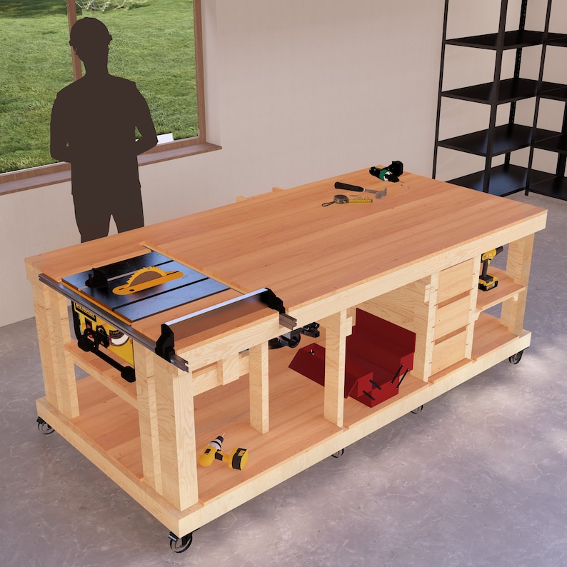 May include: A wooden workbench with a table saw, drawers, and shelves. The workbench is on wheels and has a red tool box underneath. There are various tools on the workbench, including a drill, a saw, and a measuring tape.