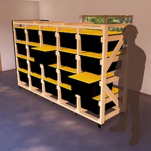 Modular 27-Gallon DIY Tote Rack Plans, Sturdy Wooden Shelving Unit for 20 Totes, Mobile Design for Efficient Garage Organization Solution