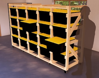 Modular 27-Gallon DIY Tote Rack Plans, Sturdy Wooden Shelving Unit for 20 Totes, Mobile Design for Efficient Garage Organization Solution