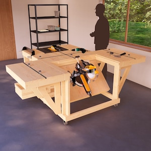 DIY Mobile Garage Workbench Plans, Versatile Station with Miter Saw Area, Drawers, Foldable Expandable Workspace, and Extra Storage Solution