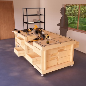 DIY 4x8 ft Mobile Workbench Plans with T-Tracks, Drawers, and Shelves, Perfect for Garage, Design Workshop, and Tool Storage Organization