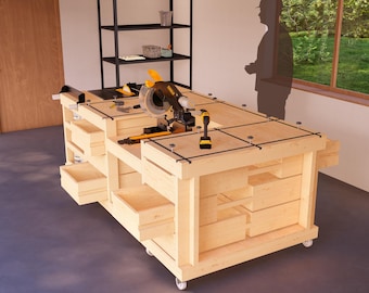 DIY 4x8 ft Mobile Workbench Plans with T-Tracks, Drawers, and Shelves, Perfect for Garage, Design Workshop, and Tool Storage Organization