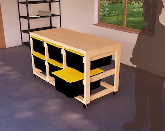 DIY Wooden Modular Workbench and Tote Rack Plans, Holds 6 27-Gallon Bins, Mobile and Compact for Workshops Dual-Functional Storage Workspace