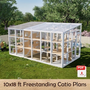 May include: A large, rectangular, white-framed outdoor cat enclosure featuring multiple wooden platforms, ramps, and climbing levels. The structure has a partially solid roof and wire mesh walls. Text at the bottom reads 10x18 ft Freestanding Catio Plans.
