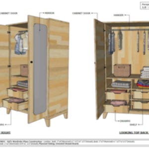 May include: A wooden wardrobe with two doors, a mirror, and shelves. The wardrobe is open and shows the interior with shelves, drawers, and hanging rods. The wardrobe is made of light wood with a natural finish.