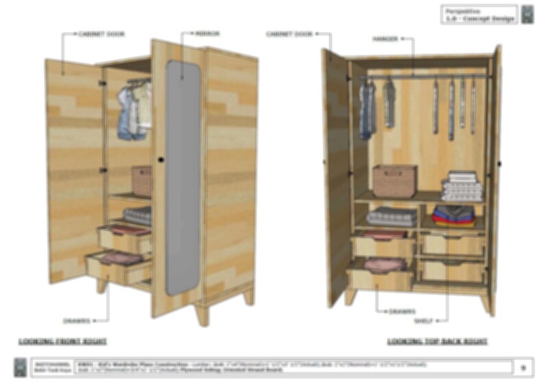 May include: A wooden wardrobe with two doors, a mirror, and shelves. The wardrobe is open and shows the interior with shelves, drawers, and hanging rods. The wardrobe is made of light wood with a natural finish.