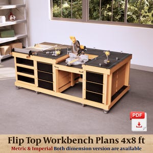 DIY 4 x 8 fot hopfällbar geringssågsarbetsbänk, ritningar, bordssågstation med lådor, PDF-nedladdning