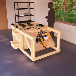 DIY Mobile Garage Workbench Plans – 4x6 Foldable Miter Saw Station with Extra Storage Drawers & Shelves for Efficient Workspace Organization