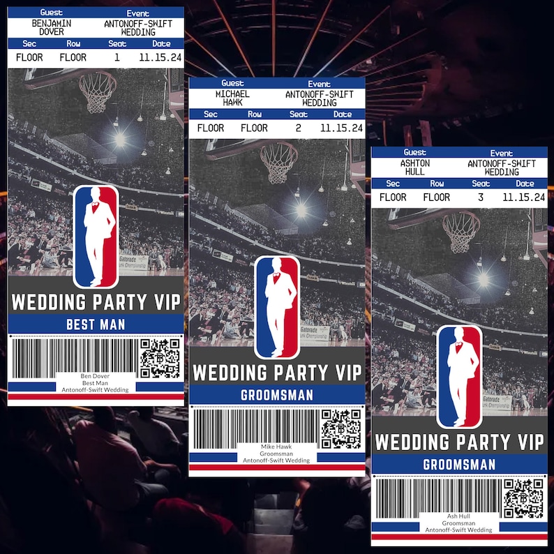 Op de afbeelding: Drie VIP-passen voor een huwelijksfeest met een basketbalthema. Elke pas heeft een basketbalveld achtergrond met een cartoon basketbalspeler in een pak. De passen zijn gelabeld met "Best Man" en "Groomsman" met de naam van de gast, het evenement, de datum en het stoelnummer.