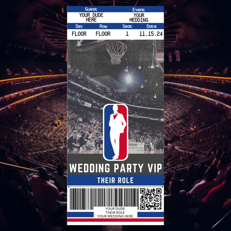 Op de afbeelding: Een VIP-ticket voor een bruiloftsfeest met een basketbalthema. Het ticket heeft een rood, wit en blauw basketballogo met een silhouet van een persoon in smoking. De tekst op het ticket luidt "Wedding Party VIP" en "Their Role".