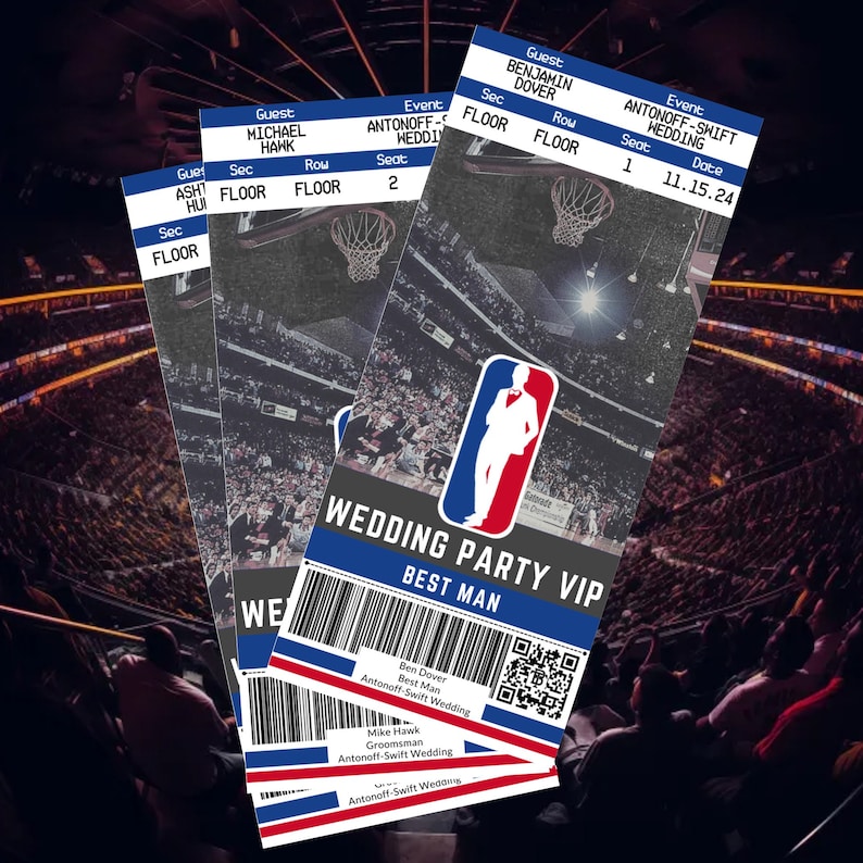 Op de afbeelding: Drie blauwe en witte VIP-tickets voor een bruiloftsfeest met een basketbalthema. De tickets hebben een basketbalveld achtergrond met een silhouet van een man in smoking die een basketbal vasthoudt. De tekst op de tickets luidt "Wedding Party VIP" en "Best Man".