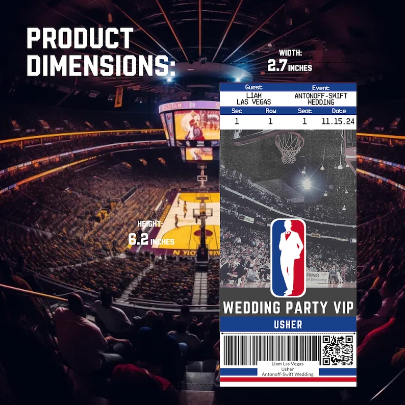 Op de afbeelding: Een VIP-pas voor een bruiloftsfeest met een basketbalveld op de achtergrond. De pas is rood, wit en blauw met een QR-code en de tekst "Wedding Party VIP" en "Usher". De pas is 2,7 inch breed en 6,2 inch hoog.