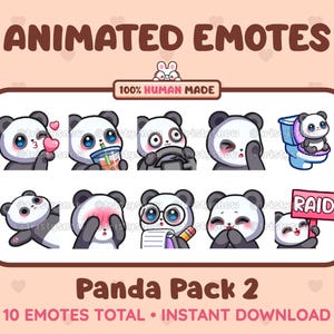 10 emoticones de panda animados y estáticos (paquete de 2) para Twitch, Discord, Kick, Stream y descarga instantánea