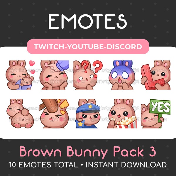 10 Cute Brown Bunny Rabbit Emotes (Pack 3) for Twitch, Youtube, Discord, Stream / Instant Download