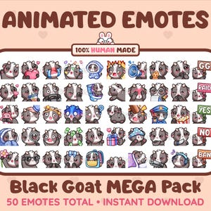 Megapack de 50 emoticones animados y estáticos de cabra negra para Twitch, Discord, Kick, Stream y descarga instantánea.