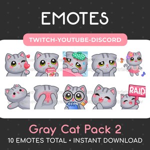 10 Cute Gray Tabby Cat Emotes (Pack 2) for Twitch, Youtube, Discord, Stream / Instant Download
