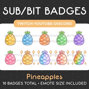 Puede incluir: Diez insignias digitales que presentan una piña de dibujos animados en varios colores, incluidos amarillo, azul, naranja, verde, morado, rosa y arcoíris. El texto "SUB/BIT BADGES" y "TWITCH-YOUTUBE-DISCORD" está en la parte superior de la imagen. El texto "Pineapples" y "10 BADGES TOTAL - EMOTE SIZE INCLUDED" está en la parte inferior de la imagen.