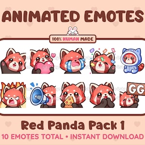 10 emoticones de panda rojo animados y estáticos (paquete 1) para Twitch, Discord, Kick, Stream y descarga instantánea