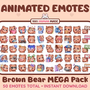 50 Animierte + Statische Braunbär Emotes MEGA Pack für Twitch, Discord, Kick, Stream / Instant Download