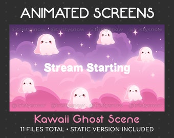 Animated + Static Halloween Kawaii Ghost Scene Stream Screens for Twitch, Youtube, Stream / Twitch Overlays, Backgrounds / Instant Download
