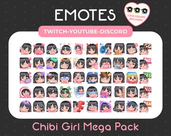 50 Cute Chibi Girl Emotes Mega Pack / Light Skin - Black Hair Bangs - Brown, Green & Blue Eyes / for Twitch, Youtube, Discord, Stream