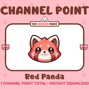 Peut inclure: Graphique rose avec le texte "CHANNEL POINT" en haut. L'image présente un visage de panda roux de dessin animé au centre, avec les mots "Red Panda" en dessous. Le texte "100% HUMAN MADE" est au-dessus du panda. Le fond est rose avec des cœurs.