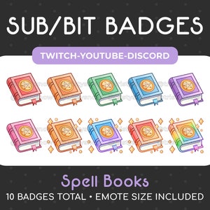 May include: Ten colorful spell book badges for Twitch, YouTube, and Discord. Each badge features a closed book with a pentagram on the cover and a gold ribbon bookmark. The badges are arranged in two rows of five. The text "Spell Books" is below the badges, and the text "10 Badges Total - Emote Size Included" is below that.