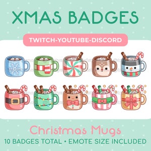 Puede incluir: Una colección de diez insignias de tazas con temática navideña, con varios diseños, incluyendo copos de nieve, bastones de caramelo y personajes festivos. El texto "XMAS BADGES" y "Christmas Mugs" se muestra encima y debajo de las tazas.
