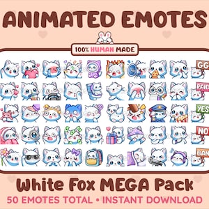 MÉGA pack de 50 émoticônes animées + statiques de renard blanc pour Twitch, Discord, Kick, Stream/téléchargement instantané