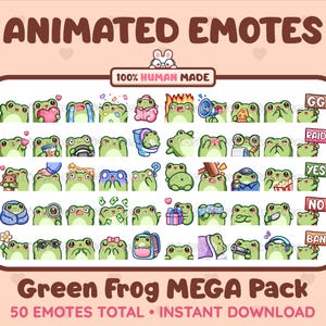 Könnte beinhalten: Eine Sammlung von 50 animierten grünen Frosch-Emotes mit verschiedenen Ausdrücken und Requisiten, darunter Herzen und Megaphone. Der Text "ANIMATED EMOTES" und "Green Frog MEGA Pack" ist auf einem rosa Hintergrund zu sehen.