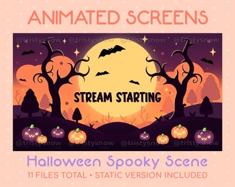 May include: Animated Halloween stream starting screen with a spooky forest scene, a full moon, bats, and jack-o'-lanterns. The text "STREAM STARTING" is in the center of the image.