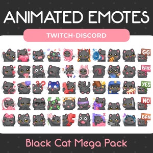 Méga pack de 50 émoticônes animées + statiques de chats noirs pour Twitch, Youtube, Discord, stream/téléchargement instantané