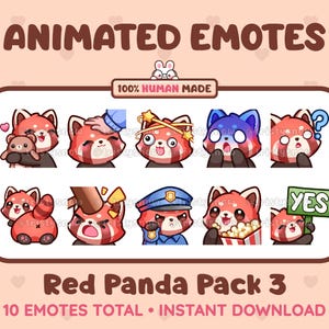 10 emoticones animados y estáticos de panda rojo (paquete de 3) para Twitch, Discord, Kick, Stream y descarga instantánea